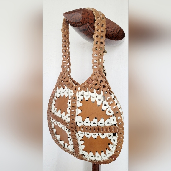 Genuine Braided Leather Boho Chic Hobo Bag Two-Tone Cognac/White - Picture 1 of 13
